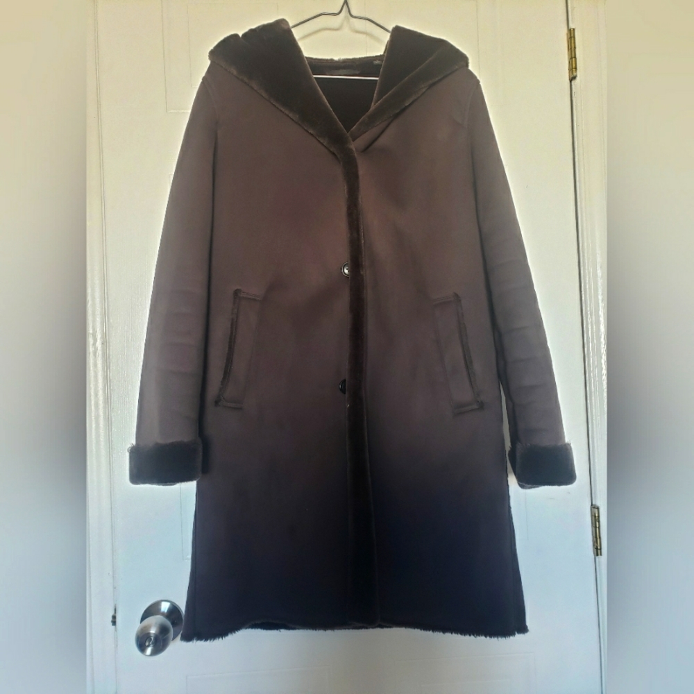 Classic Women's Hooded Shearling Coat - Dark Brown